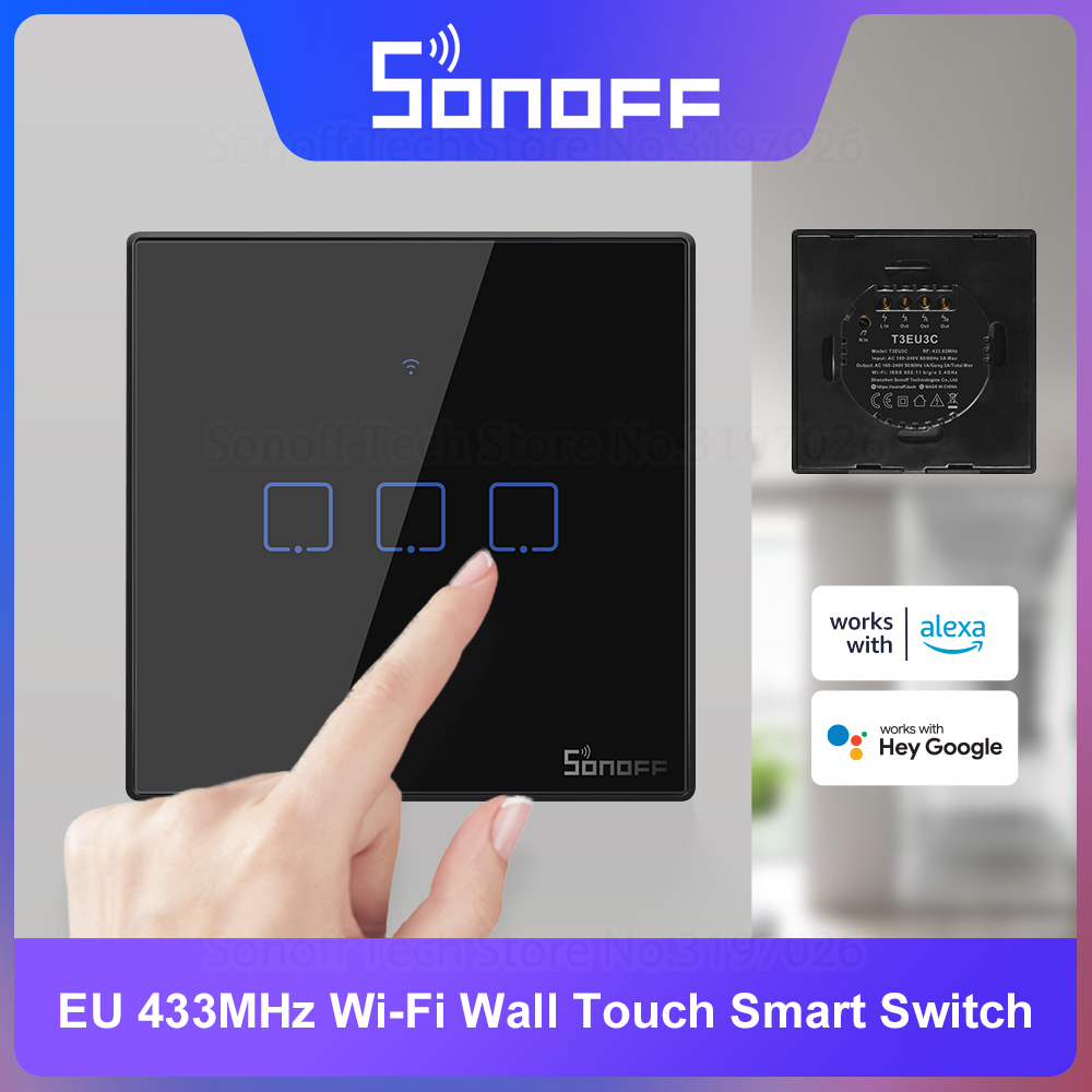 Sonoff Basic - SONOFF T3EU สีดำ WiFi สมาร์ทสวิทช์แบบสัมผัส433Mhz RF