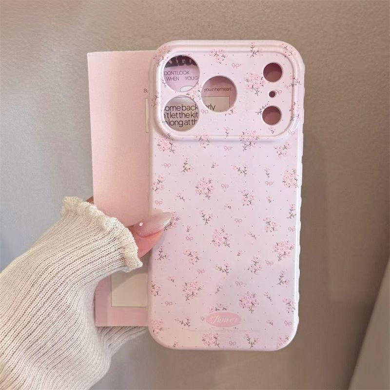 Shelly - เคสโทรศัพท์ลายดอกไม้สีชมพู insWind พร้อมโบว์ สำหรับ iPhone16/15/14/13/12/11/17ProMax แบบเต็มตัว